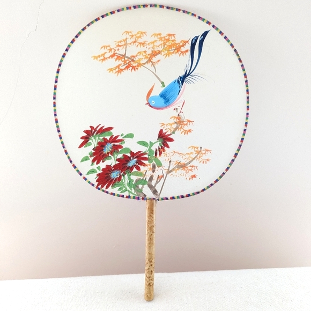 Silk Bamboo Painted Handheld Paddle Fan Bird Floral Round Fan